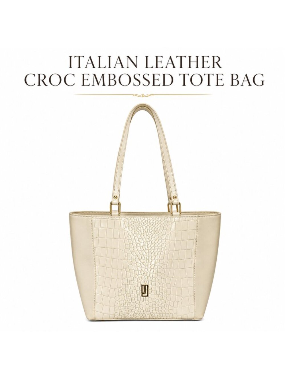 Italian Leather Croc Embossed Tote Cream Structured Shoulder Bag